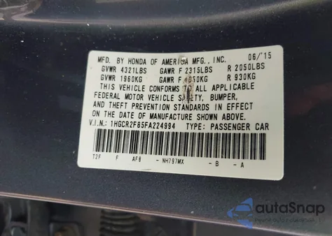 2015 Honda Accord Ex-L from USA, damaged, VIN 1HGCR2F85FA224994